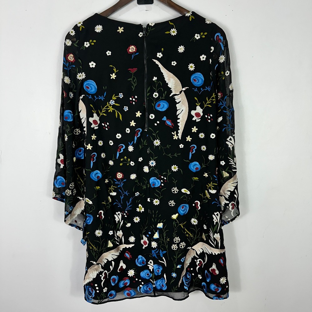 Alice + Olivia Eleonora Silk Embroidered Floral Bird Flare Sleeve Shift Dress S - Picture 7 of 9